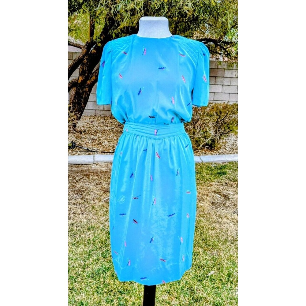 1980s VTG Petites for Maggy Sz4p Aqua Memphis Geometric Midi Korea Dress GUC